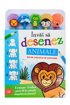 Invat sa desenez Animale Set de colorat si de activitati contine 5 creioane si 5 radiere  - coperta