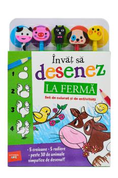 Invat sa desenez La ferma Set de colorat si de activitati contine 5 creioane si 5 radiere  - coperta